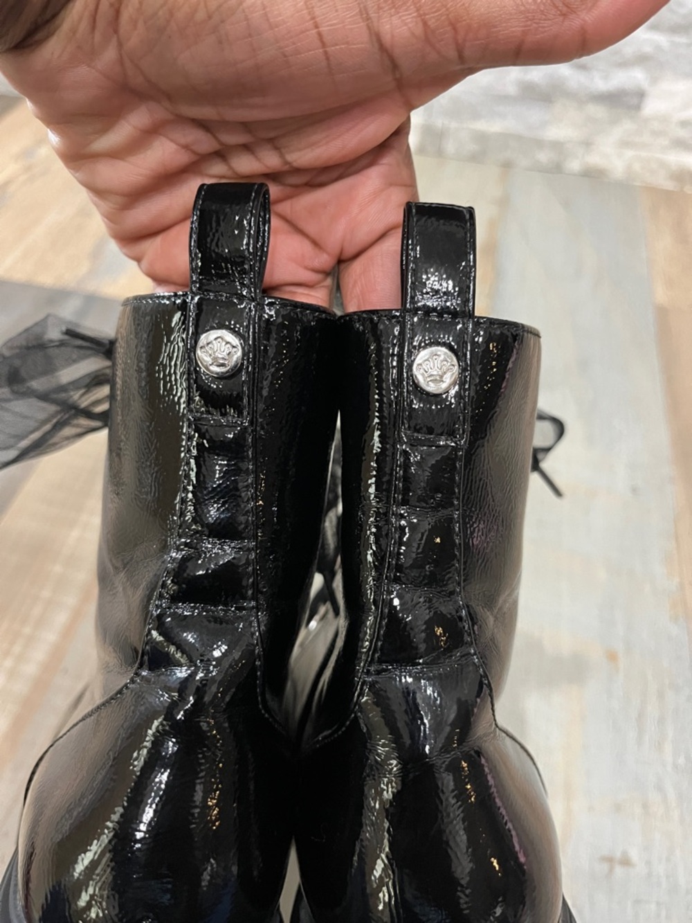 Nina Chassy Booties Black Patent Lace-Up Boots with Sheer Ribbon Laces Girl Sz 5 - Picture 6 of 11